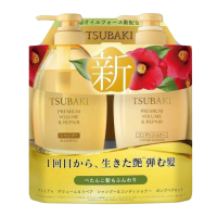 FineToday Tsubaki Набор шампунь и кондиционер для восстановления и придания объема волосам, с маслом камелии, с цветочно-фруктовым ароматом / Shiseido Premium Volume & Repair 2*450мл.