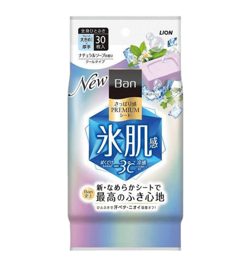Lion Дезодорант для всего тела в форме салфеток "Ban Premium Refresh Shower Sheets" с пудрой и охлаждающим эффектом, аромат «Цветочное мыло» 30 шт