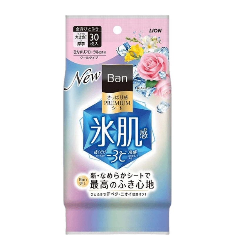 LION Дезодорант для всего тела в форме салфеток "Ban Premium Refresh Shower Sheets" с пудрой и охлаждающим эффектом аромат «Искрящийся цветочный» 30 шт