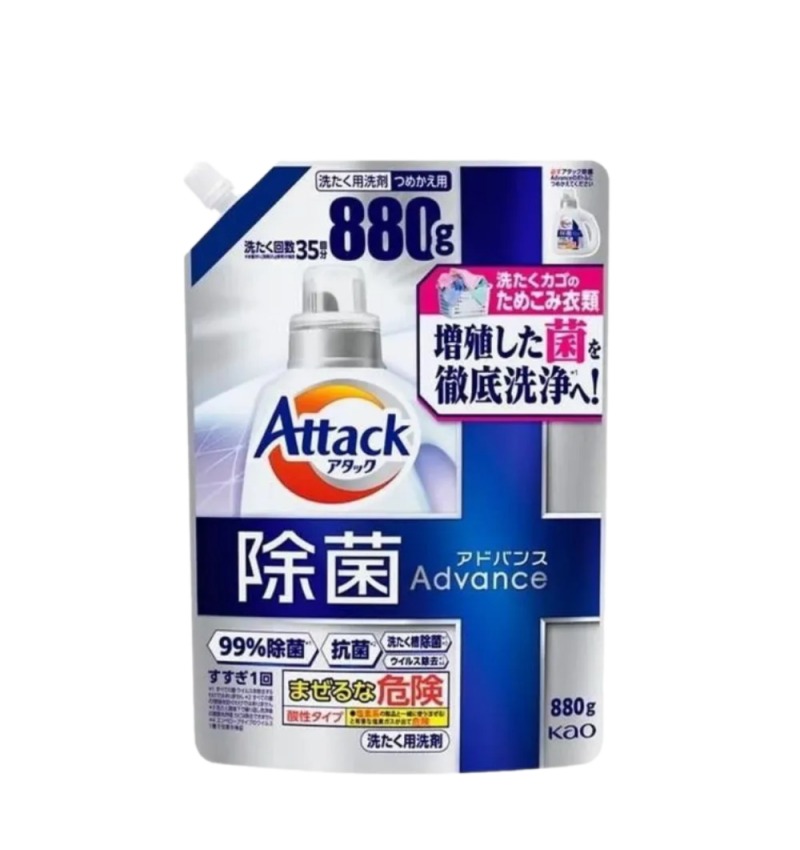KAO Японский гель для стирки Attack Antibacterial Advance, с максимальным стерилизующим и дезодорирующим эффектом, с ароматом трав, 880 мл. мягкая упаковка