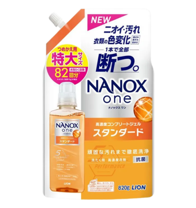 Lion "Nanox One Standard" Концентрированное жидкое средство для стирки белья, против стойких загрязнений, 820 мл. мягка упаковка