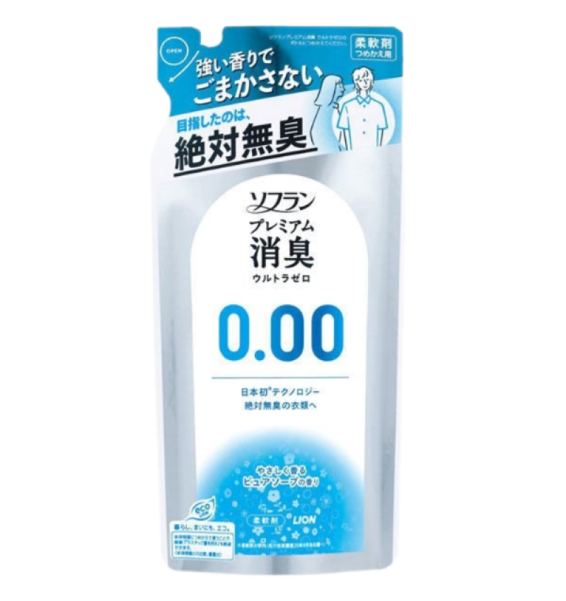 LION Кондиционер для белья "SOFLAN" (блокирующий восприятие посторонних запахов "Premium Deodorizer Ultra Zero-0.00" - аромат чистоты с нотой кристального мыла) 400 мл, мягкая упаковка