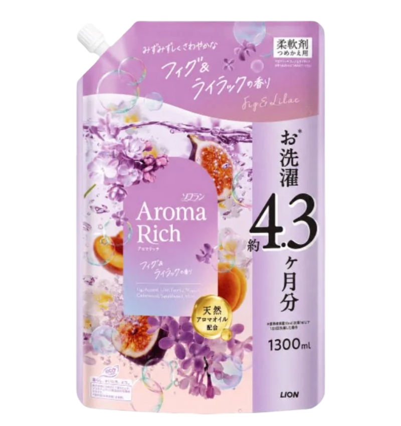 LION Кондиционер для белья парфюмированный с ароматом инжира и сирени Soflan Aroma Rich Fig&Lilac 1300мл мягкая упаковка