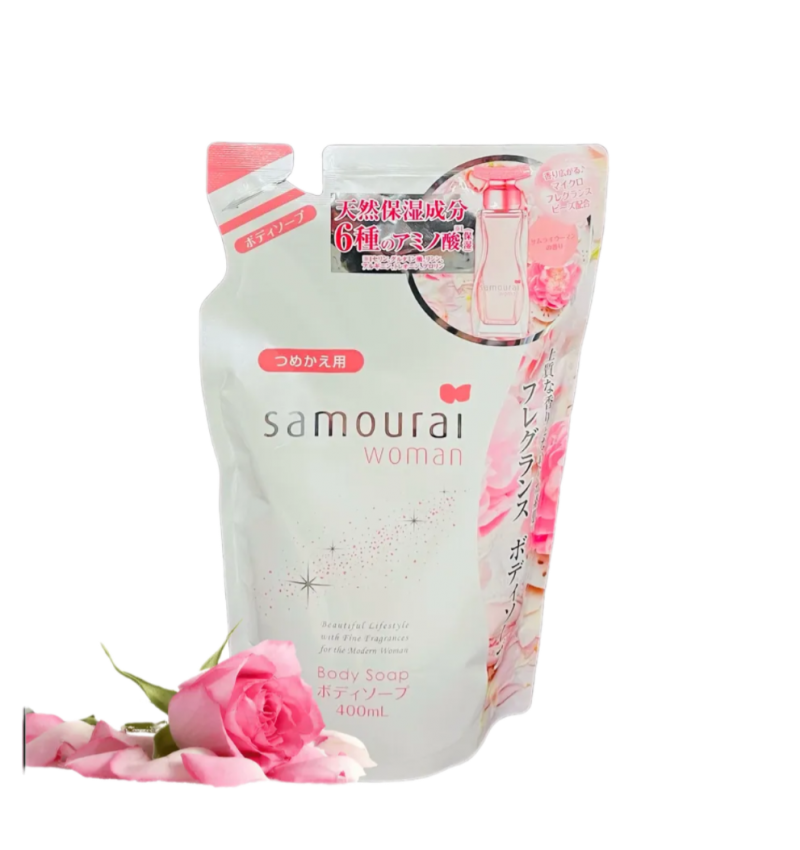 SPR JAPAN Samourai Woman Body Soap Увлажняющее жидкое мыло для тела, с гиалуроновой кислотой, скваланом и маслом ши, с шикарным цветочно-фруктовым ароматом, 400мл. мягкая упаковка