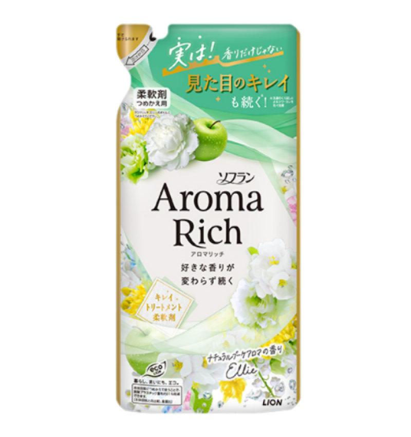 LION Кондиционер для белья длительного действия Aroma Rich Ellie / Элли 028 аромат унисекс 380 мл. мягкая упаковка 